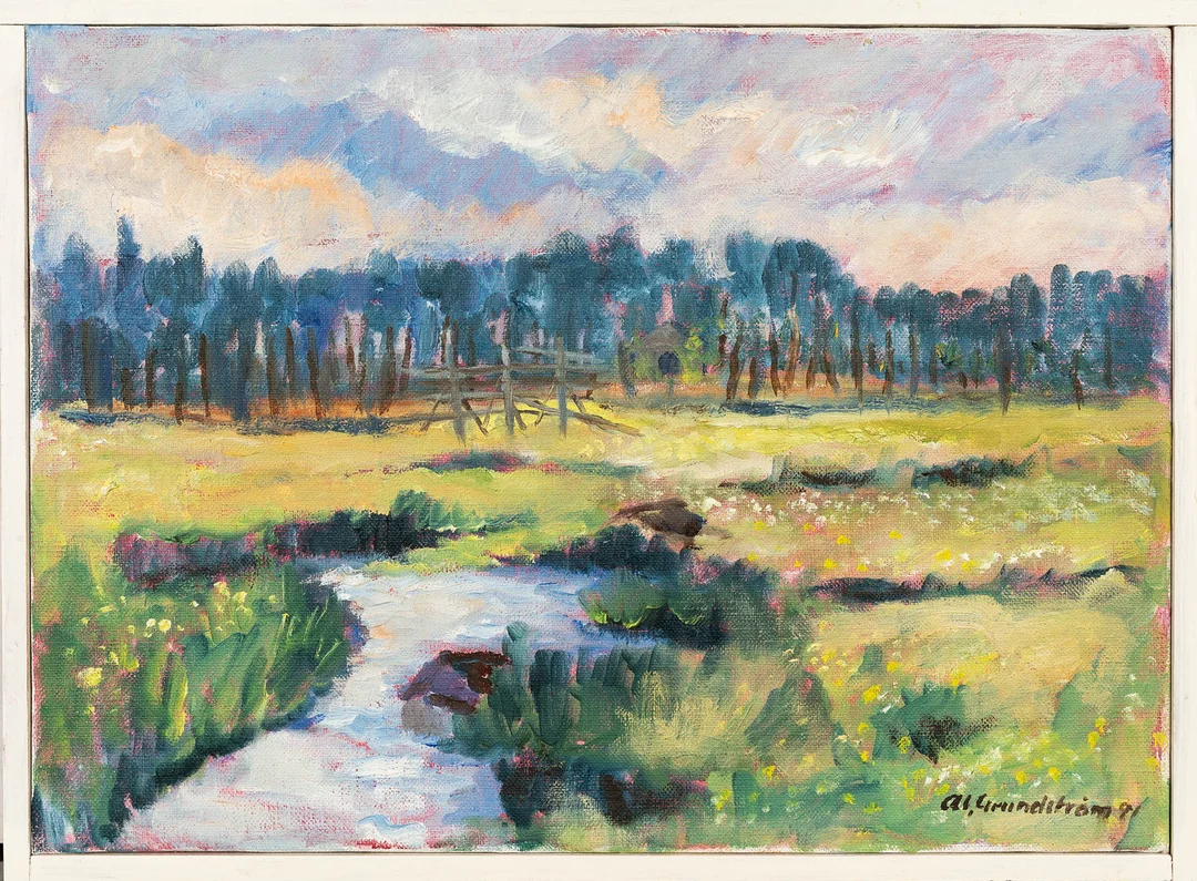 ANNA-LISA GRUNDSTRÖM. Olja på duk, "Del av Kvarnbäcken i Torvsjö", Signerad och daterad 1991. — Paintings — Norrlands Auktionsverk