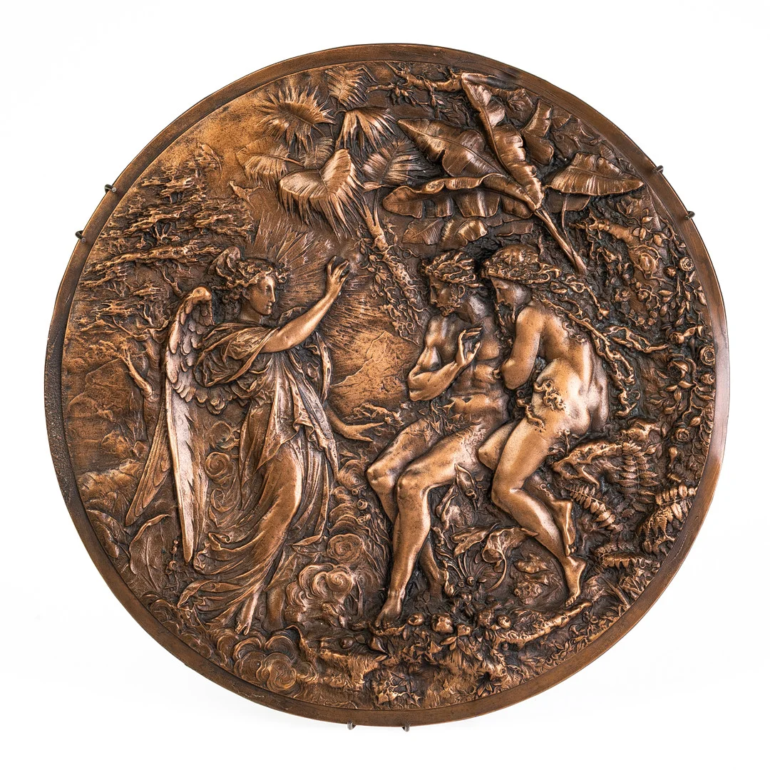 A CIRCULAR COPPER RELIEF PANEL, DEPICTS ADAM AND EVE. — Pewter, Brass & Copper — Griffin’s Auctioneers