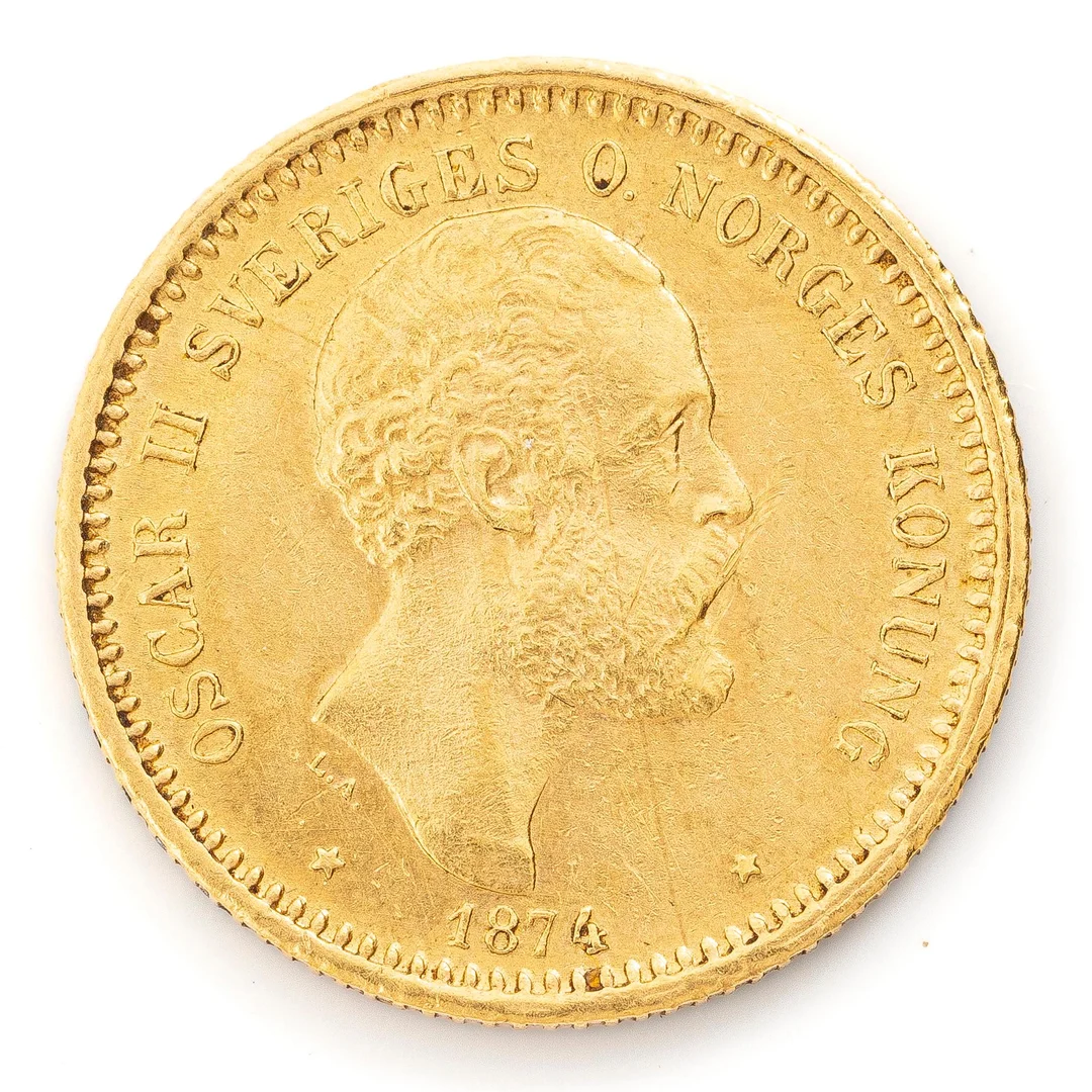 Guldmynt, Sverige, Oskar II, 10 kronor, 1874. — Militaria/Mynt — Bukowskis