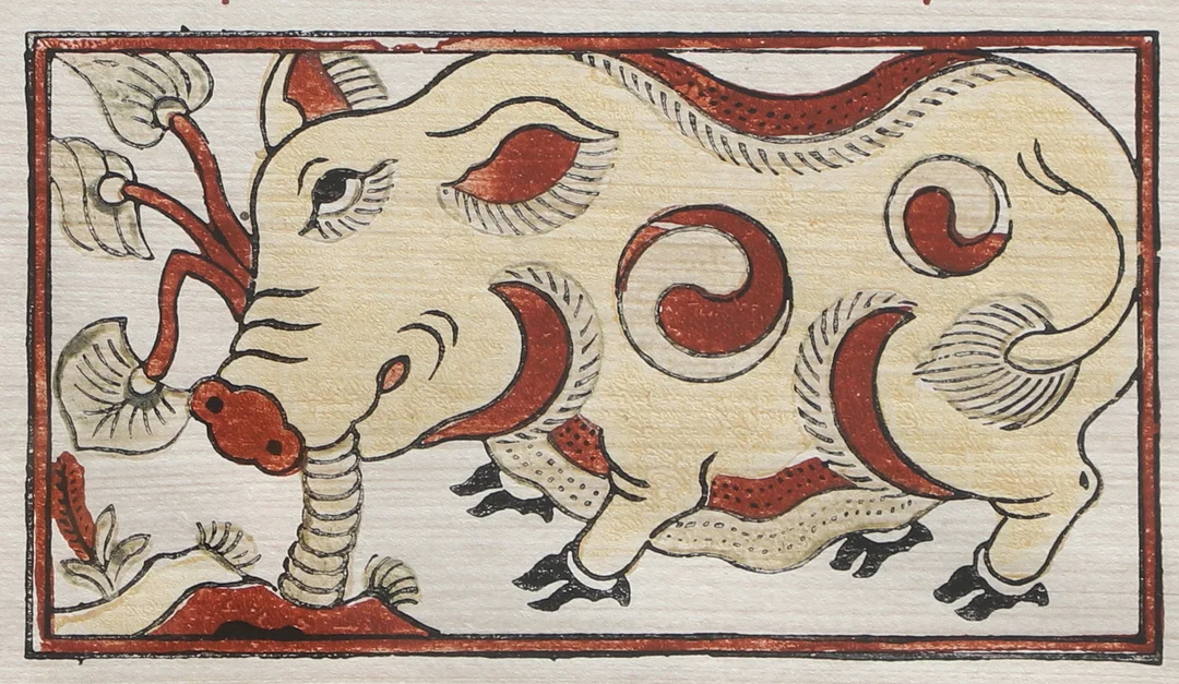 OKÄND KONSTNÄR. Handkolorerat Träsnitt, Vietnamesisk Dông Hô, gris som äter taro-blad, osignerad. — Engravings & Prints — Ekenbergs Auktioner