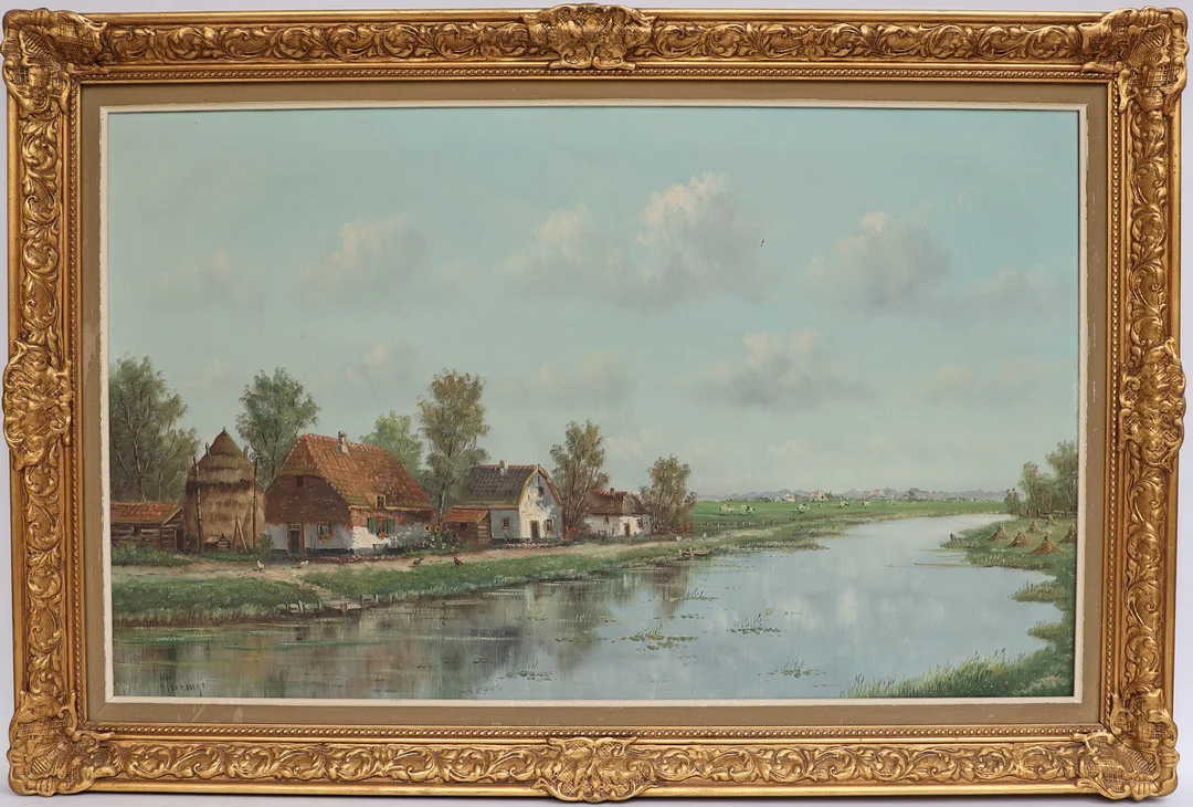 OIDENTIFIERAD KONSTNÄR. Landskap med hus och boskap, oljemålning på duk, otydligt signerad. — Paintings — Falun Auktionsbyrå