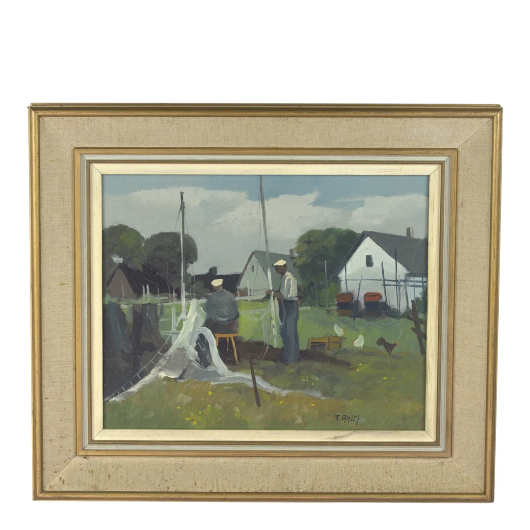 TAGE RUDOLF AHLM. Olja på pannå, fiskargubbar lagar nät, signerad. — Paintings — Höganäs Auktionsverk