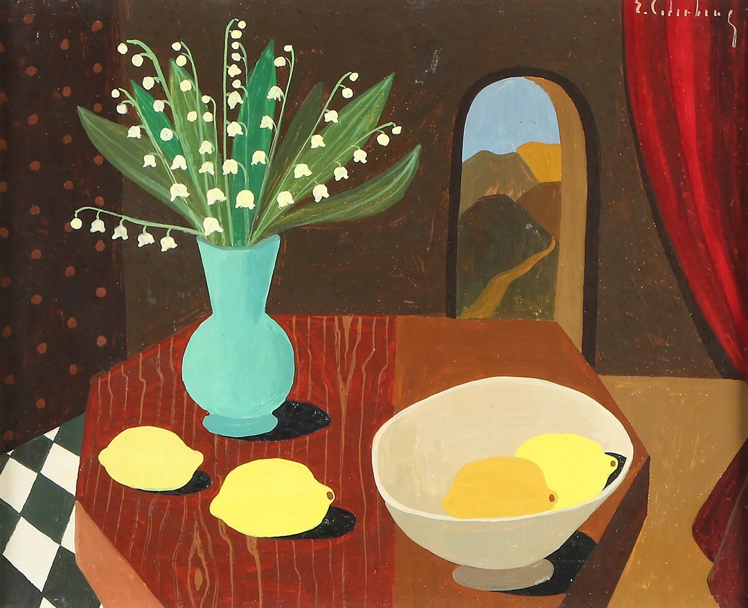 ERIC CEDERBERG. Tempera. Stilleben med citroner och liljekonvalj på bord. Signerad. — Paintings — Skånes Auktionsverk