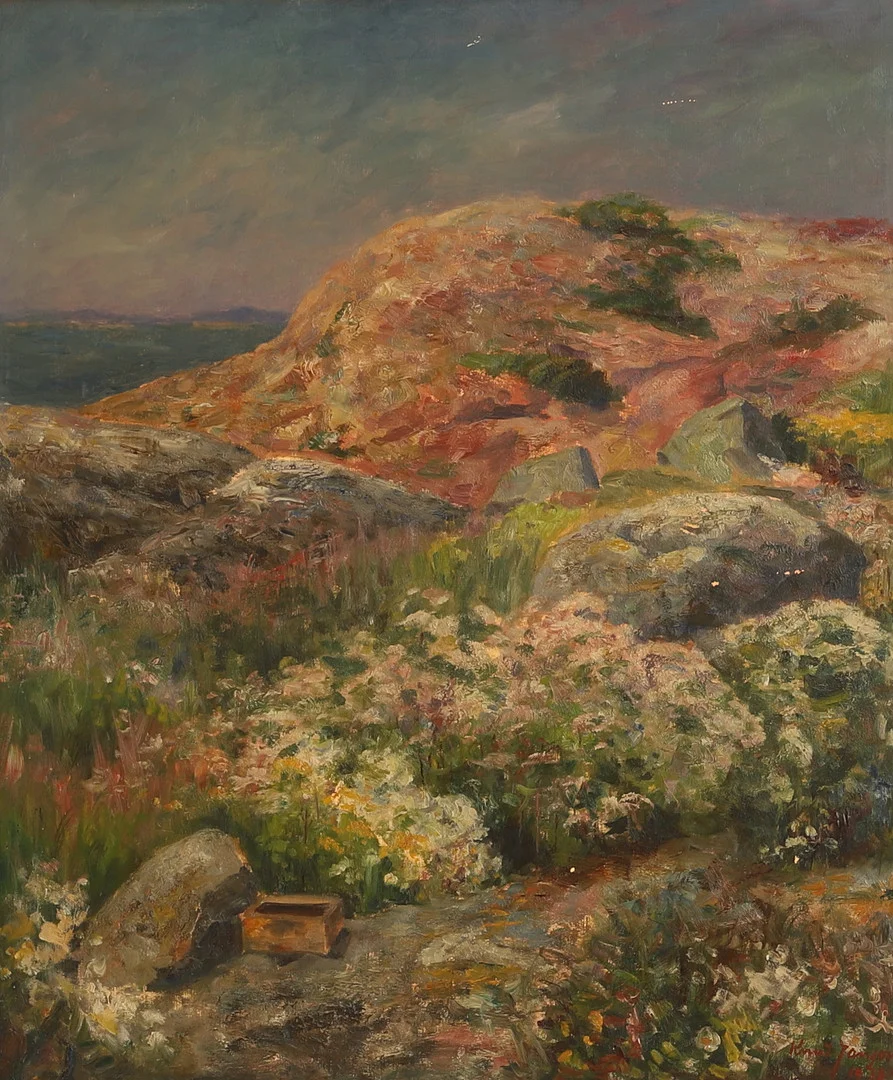 KNUT JANSON. Olja på duk, Blomstermotiv vid skärgårdsklippor. — Paintings — RA Auktionsverket Norrköping