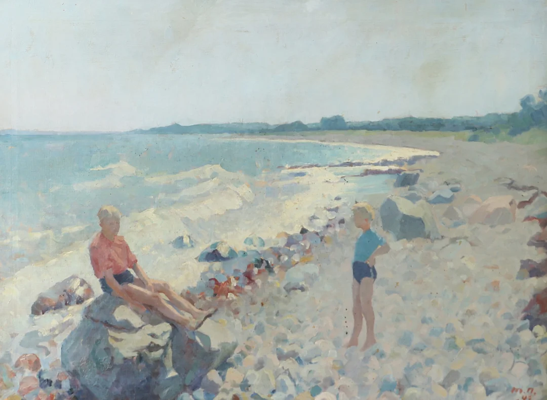 OIDENTIFIERAD KONSTNÄR. Pojkar på strand, olja på duk, signerad M.N - 43. — Paintings — Helsingborgs Auktionskammare