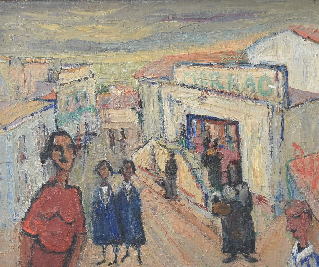 NIKOLAJ WIBENBERG HANSEN. (1907–1970) Olie på plade, ekspressionistisk byscene. Danmark. 1956. — Paintings — Sørensen Auktioner