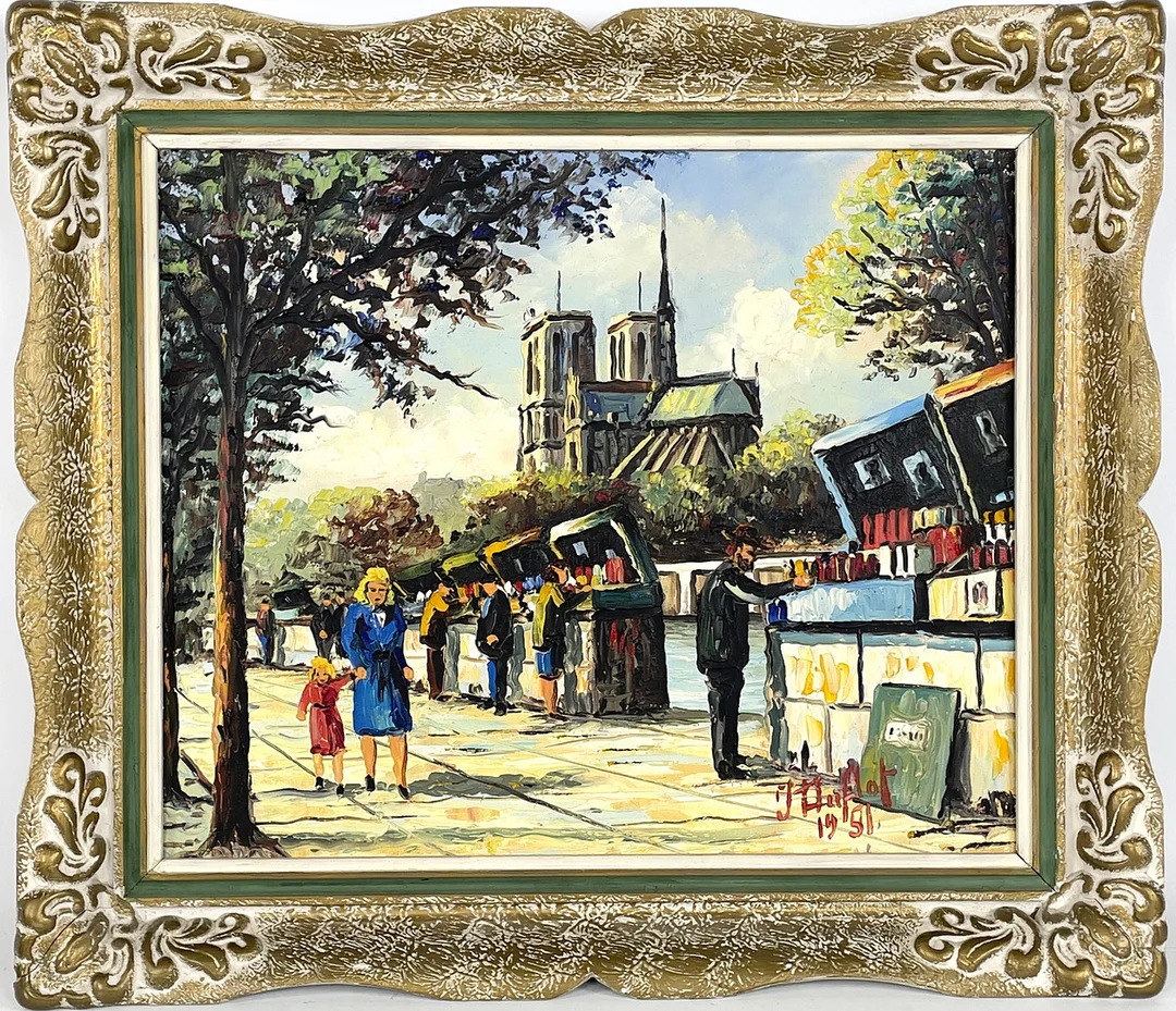 OIDENTIFIERAD KONSTNÄR, olja på duk, "Paris, Notre Dame et les Bouquinistes", signerad J. Auflot samt daterad 1951. — Paintings — Roslagens Auktionsverk