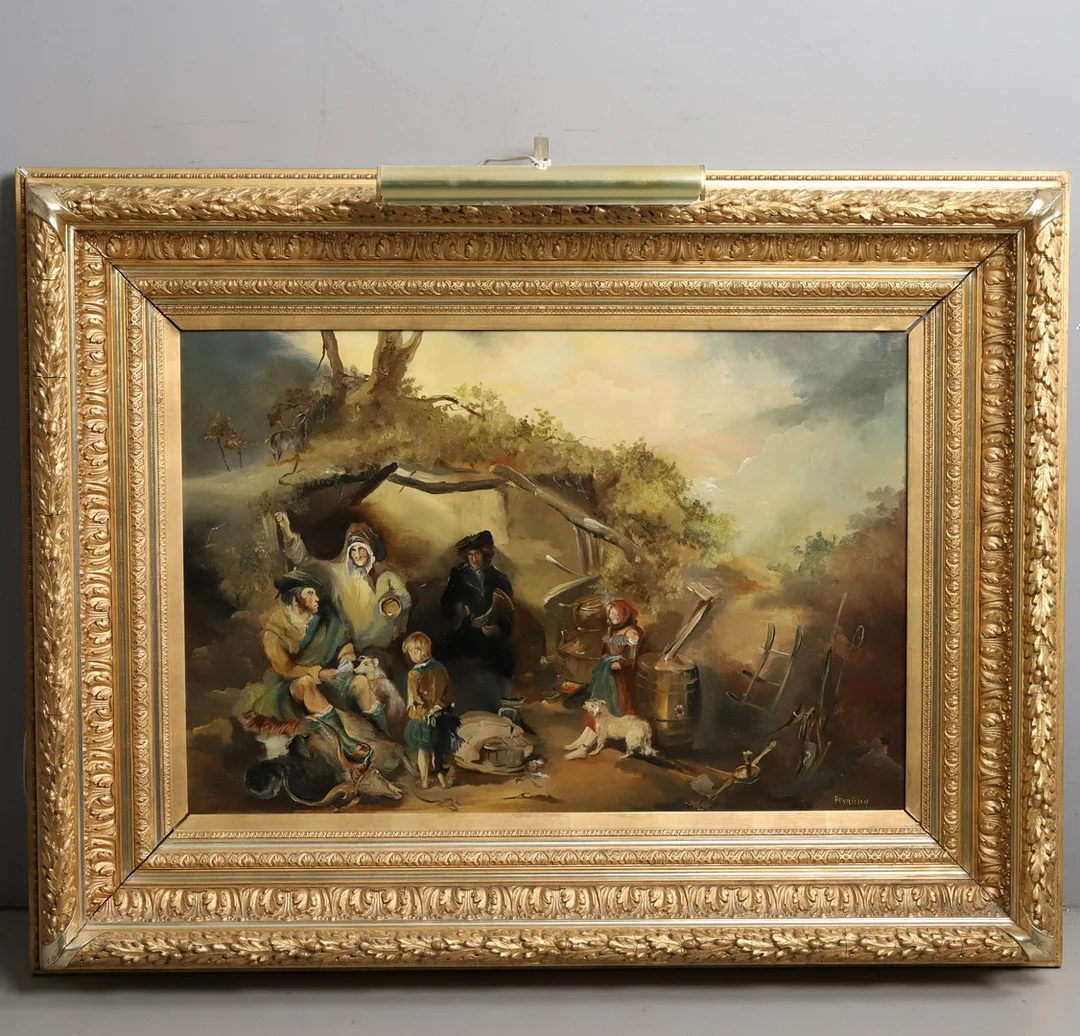 OIDENTIFIERAD KONSTNÄR. Olja på pannå, "Figurscen", signerad Henricson. — Paintings — Örebro Stadsauktioner