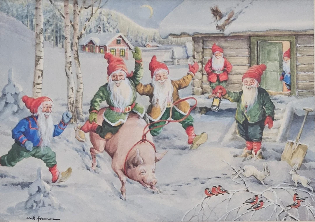 ERIK FORSMAN. Tomtar och djur. Akvarell och täckvitt, signerad Erik Forsman. — Paintings — Auktionshuset Thörner & Ek