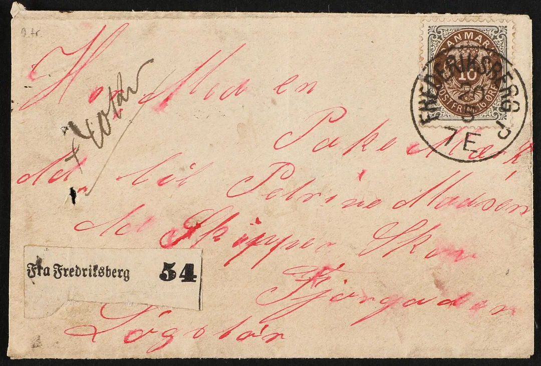 1875. 16 Øre, grey/brown. 9th print. Parcelcover for a parcel to Petrine Madsen, Adr. Skipper Skou, Fjordgaarden, Løgstør. Canc. FREDERIKSBERG 20.5. — Stamps, Covers & Postal History/Denmark/2-farvet tk.14 — Bruun Rasmussen