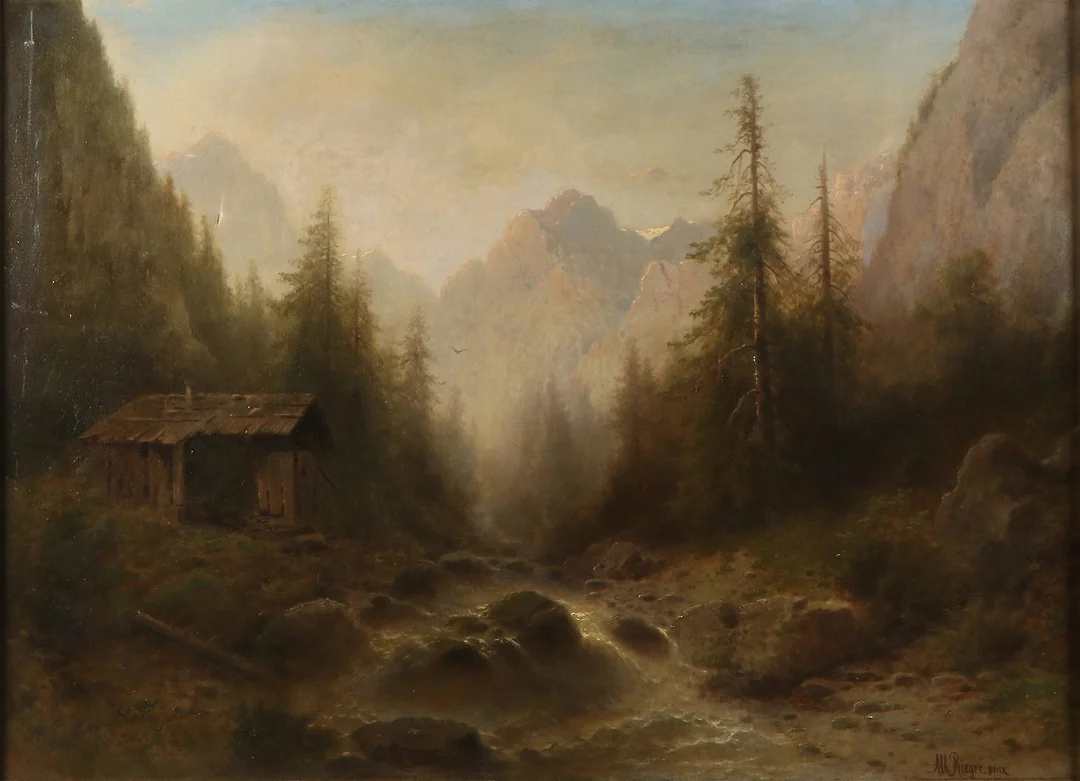 ALBERT RIEGER (1834-1905). Oljemålning på duk. Stuga i skogslandskap. Signerad Alb. Rieger Pinx. — Paintings — Skånes Auktionsverk