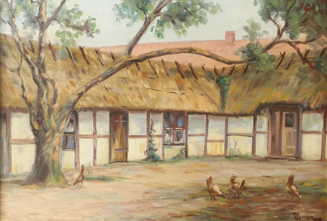 GOTTFRID OLSSON. Korsvirkesgård med höns, olja på duk, signerad Olsson. — Paintings — Helsingborgs Auktionskammare