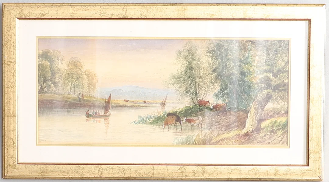 L. LEWIS (BELIEVED TO BE A PSEUDONYM OF EDWIN EARP (1851-1945)). CATTLE WATERING ON A RIVER BANK, BOATS AND FIGURES BEYOND. — Paintings — Lawrences Auctioneers