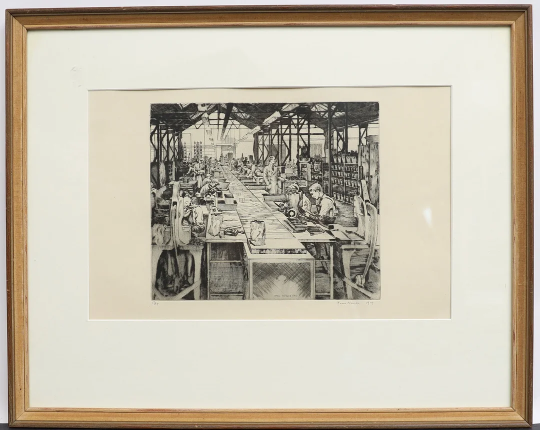 HANS NORSBO. Fabriksinteriör, etsning, signerad och numrerad, daterad 1949. — Engravings & Prints — Falun Auktionsbyrå