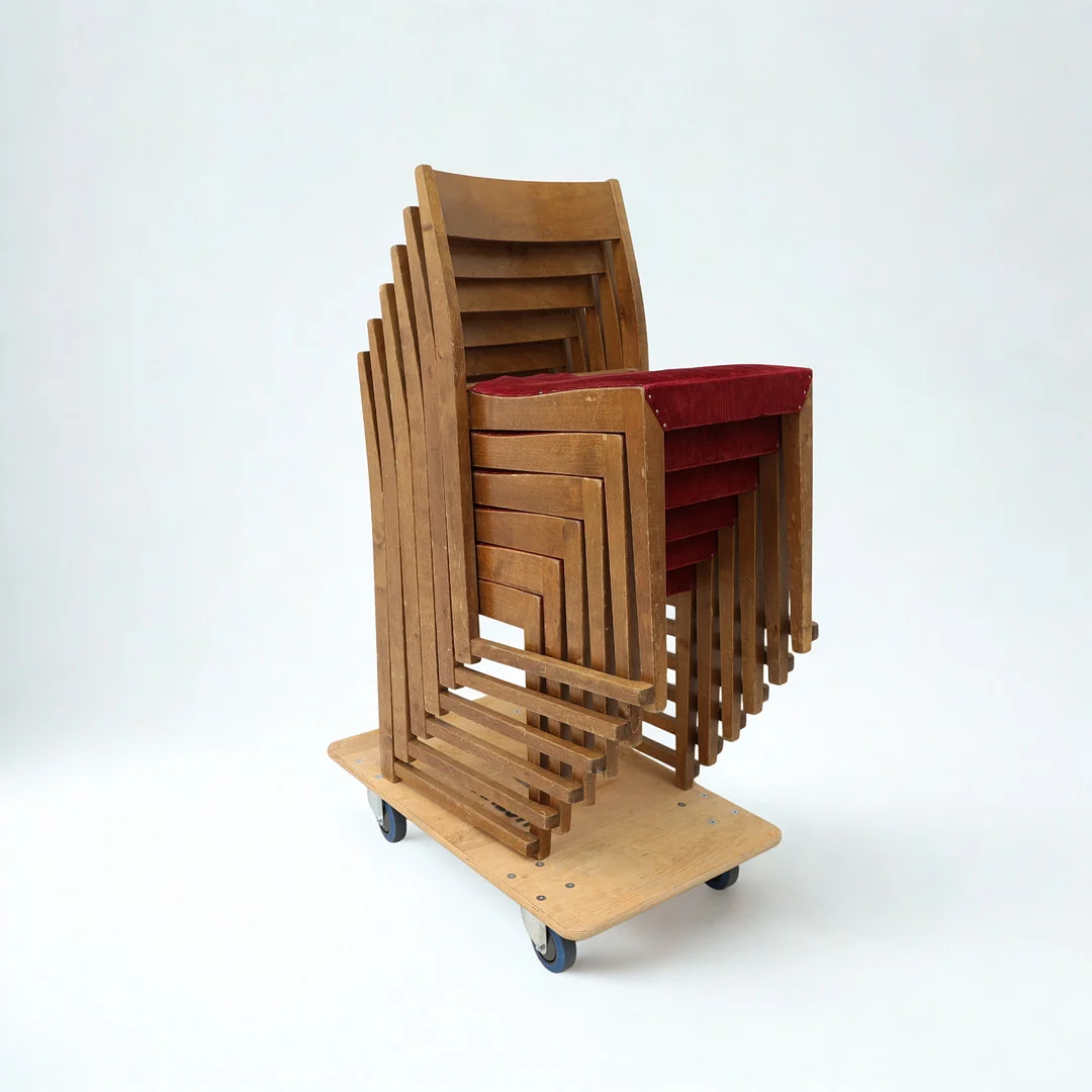 SVEN MARKELIUS. Stapelstolar "Orkesterstolen" 6 stycken, 1900-talets mitt. — Armchairs & Chairs — Falun Auktionsbyrå