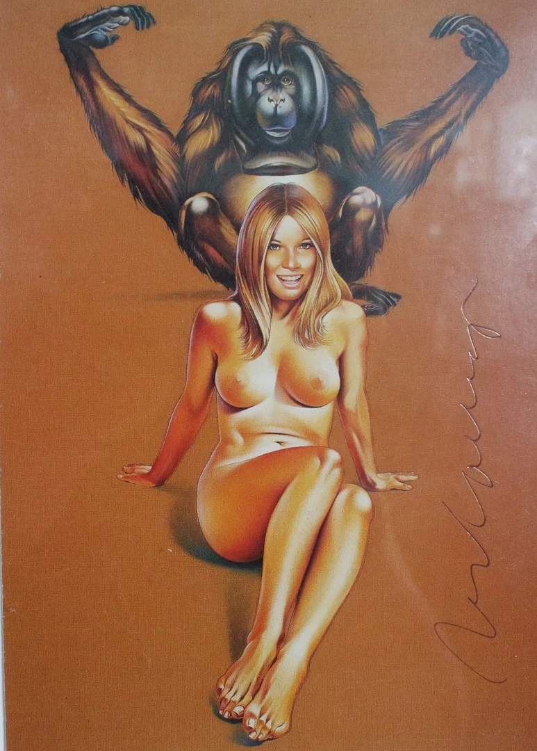 MEL RAMOS (1935-2018). NACH. Druckgrafik , '' Pin up Girl mit Orang-Utan '' signiert. — Engravings & Prints — Stockholms Auktionsverk Düsseldorf/Neuss