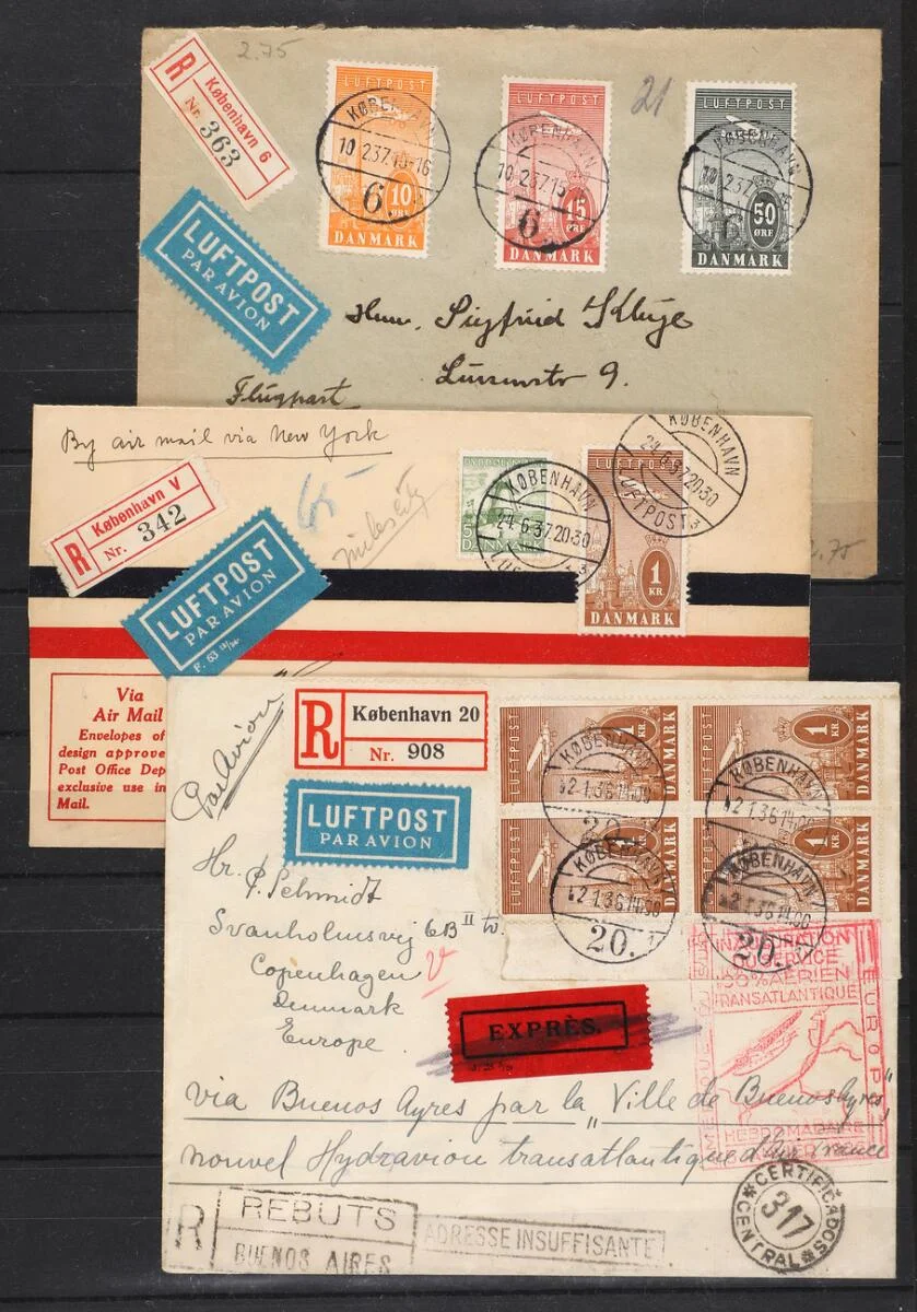 1934. Air Mail. Collection with 13 air mail covers and cards all with New Air Mail issue incl. a postcard to Palestine etc. — Stamps, Covers & Postal History/Denmark/Stålstik — Bruun Rasmussen