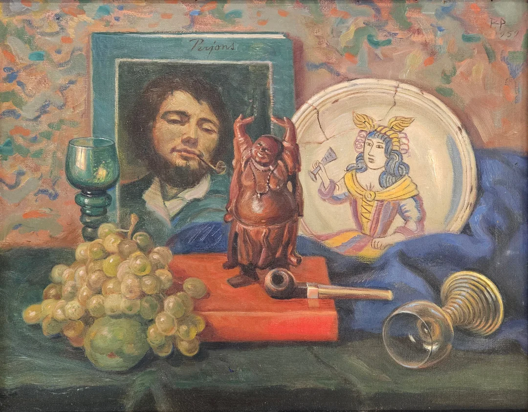 PER-HILDING PERJONS. Stilleben med Courbets porträtt. Olja på duk, signerad Perjons och daterad 1959. — Paintings — Auktionshuset Thörner & Ek