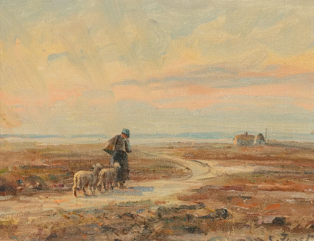 SERGIUS FROST (1901-1993). Jysk hede landskab med hyrdedreng, olie på lærred, signeret og dateret 1947. — Paintings — Palsgaard Kunstauktioner