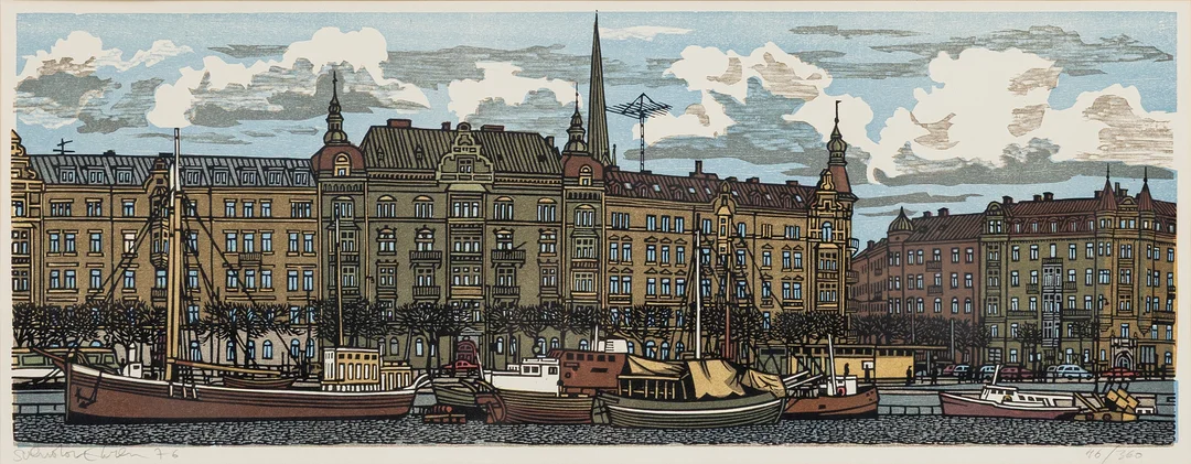 SVENOLOV EHRÉN. Motiv från Strandvägen, Stockholm, träsnitt, signerad, numrerad 46/360, daterad 76. — Engravings & Prints — Auktionshuset Kolonn
