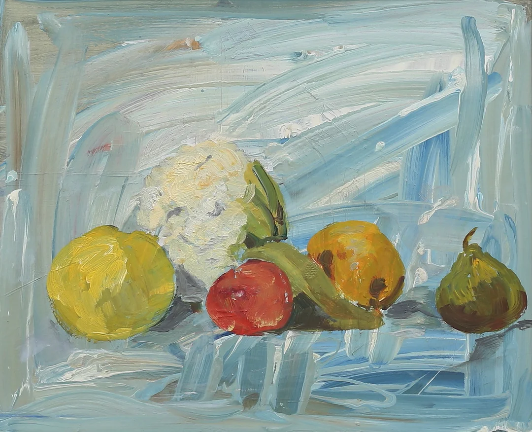 OKÄND KONSTNÄR. Stilleben med frukt och blomkål. Olja på pannå, osignerad, daterad à tergo 1969. — Paintings — Auktionshuset Thelin & Johansson