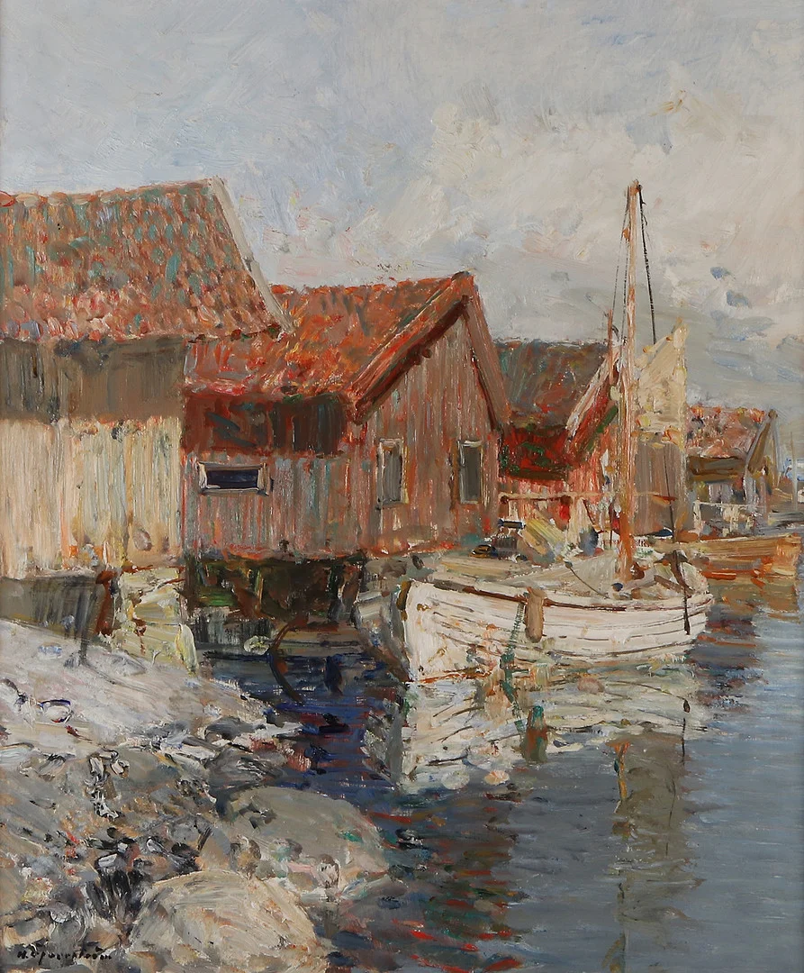 HUGO ÖFVERSTRÖM. Oljemålning på pannå. Västkustmotiv med småbåtshamn. Signerad. — Paintings — Skånes Auktionsverk
