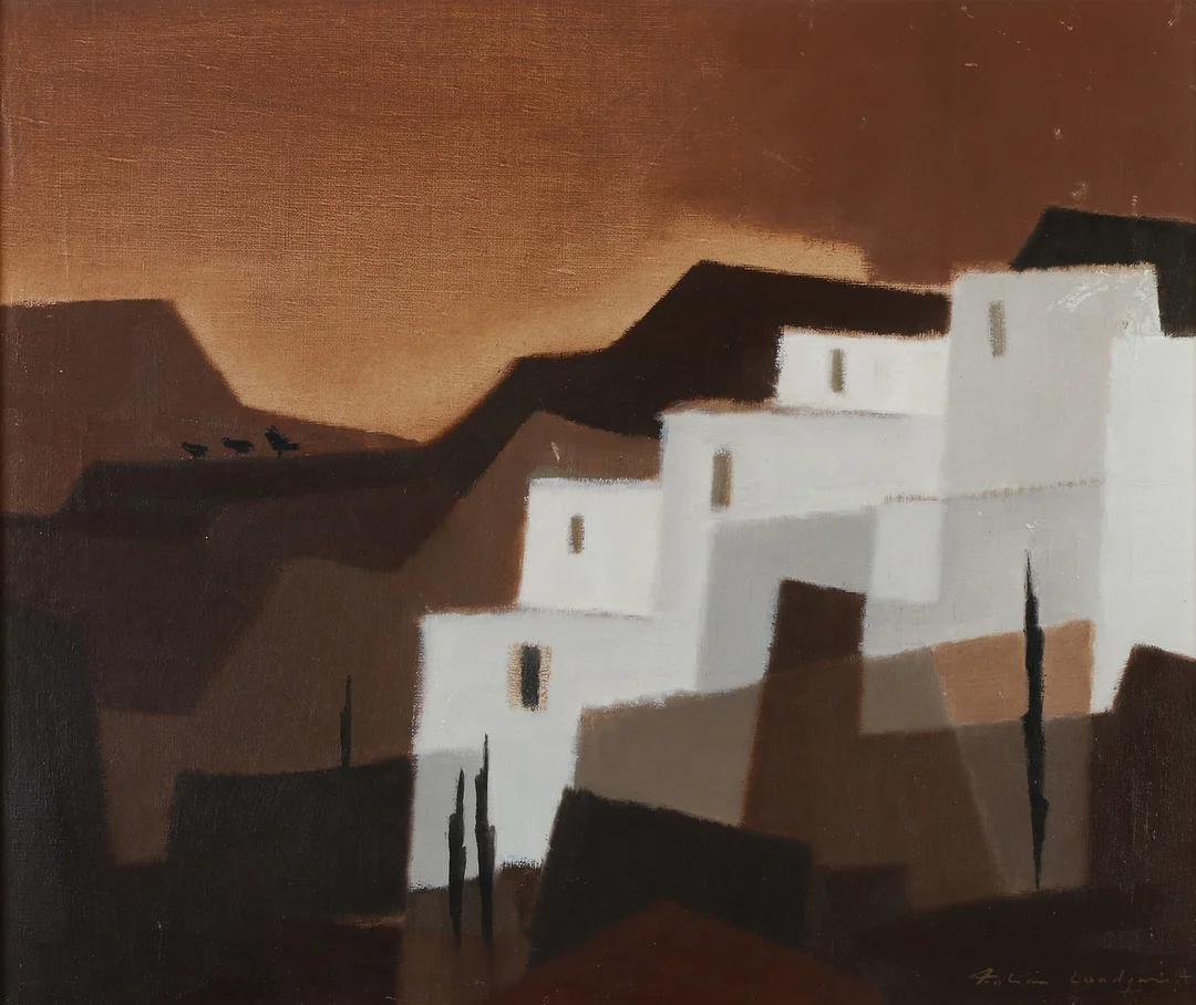 FABIAN LUNDQVIST. Oljemålning på duk. Sydländskt landskap med husfasader. Signerad. — Paintings — Skånes Auktionsverk