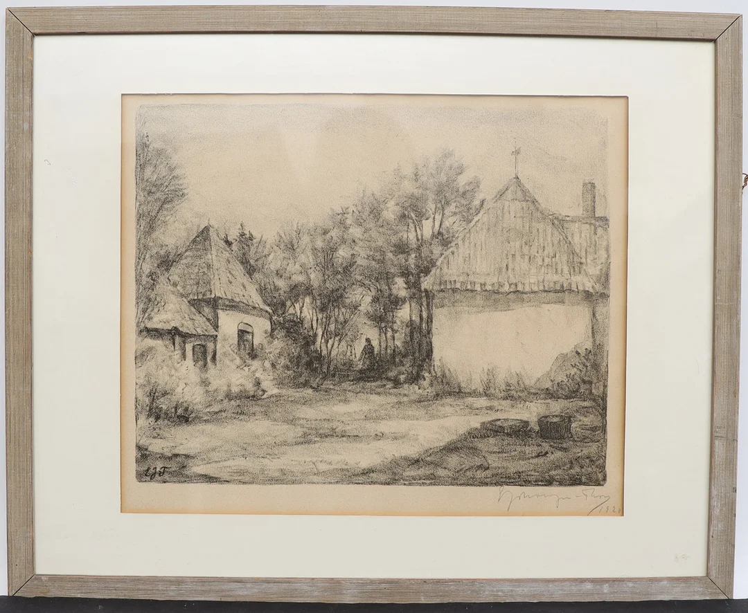 EMIL JOHANSON-THOR. Landskap med hus och figurer, litografi, signerad och daterad 1920. — Engravings & Prints — Falun Auktionsbyrå