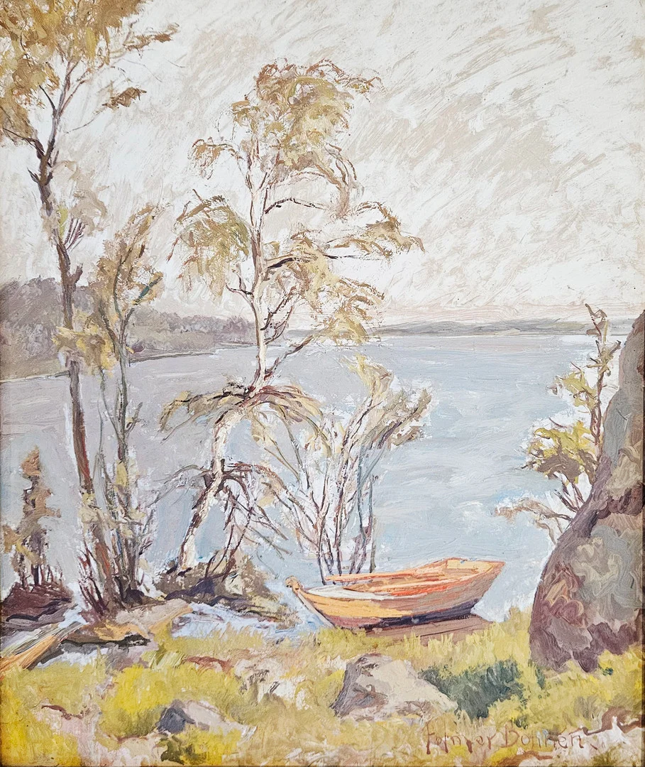 FOLMER BONNÉN. Eka vid vattenbryn. Olja på pannå, signerad Folmer Bonnén. — Paintings — Auktionshuset Thörner & Ek