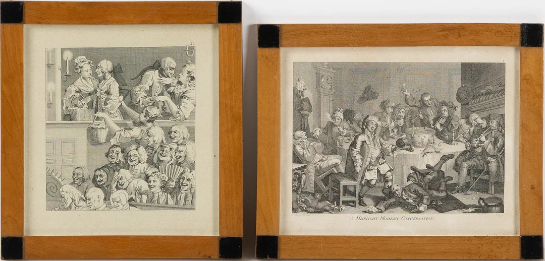 WILLIAM HOGARTH. EFTER. Gravyrer, 2 st, "The Laughing Audience" och "A Midnight Modern Conversation", varav sisnämna graverad av Ernst Ludwig Riepenhausen. — Engravings & Prints — Stockholms Auktionsverk Helsingborg