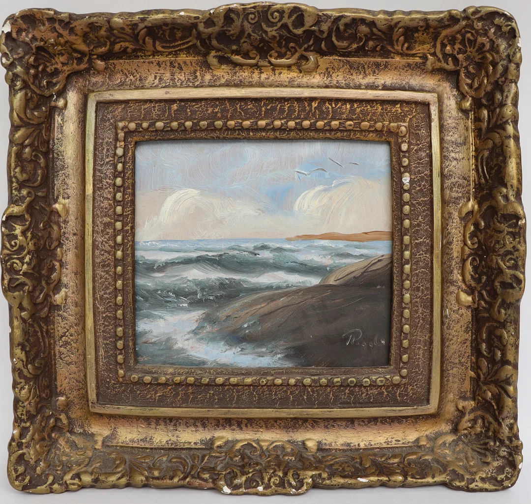 OIDENTIFIERAD KONSTNÄR. Havsbild med klippor, oljemålning på pannå, otydligt signerad. — Paintings — Falun Auktionsbyrå