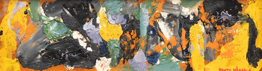 OIDENTIFIERAD KONSTNÄR. Konkret komposition, olja på pannå, signerad Bertil Månsson. — Paintings — Garpenhus Auktioner