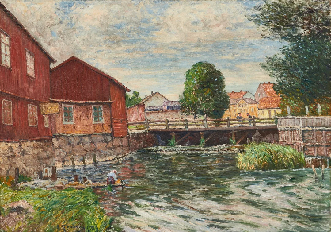 ANTON GENBERG (1862-1939). ”Motiv från Norrtelje”, signerad Genberg 1929, olja på duk. — Paintings — Crafoord Auktioner Stockholm