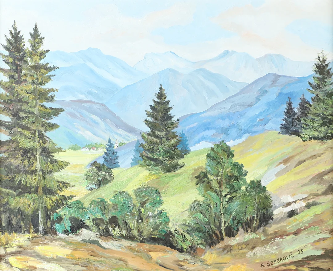 OIDENTIFIERAD KONSTNÄR. Bergslandskap, olja på pannå, signerad Senekovic. — Paintings — Helsingborgs Auktionskammare