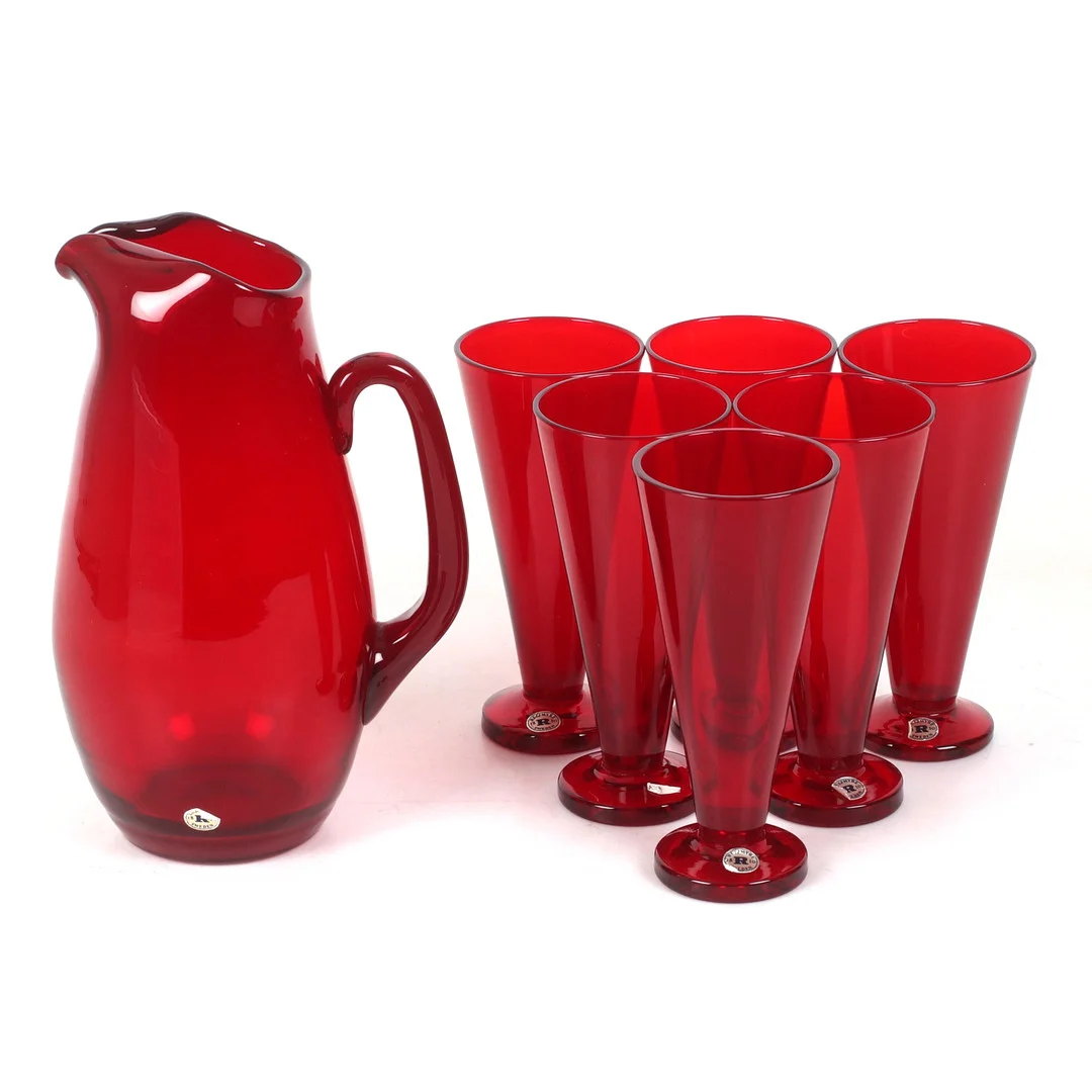 SERVISDELAR, 7 st, rött glas, Reijmyre. — Tableware — Stadsauktion Sundsvall