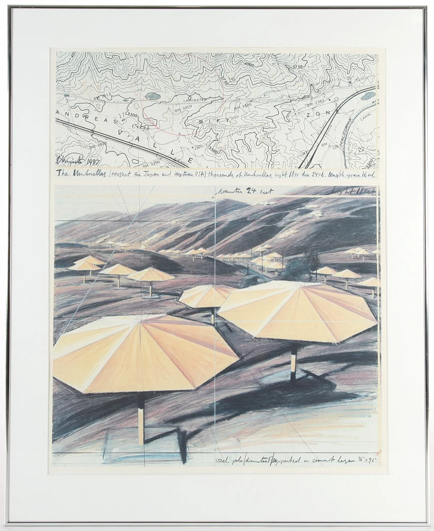 CHRISTO & JEANNE CLAUDE. Tryck, The Umbrellas (Joint Project for Japan and Western USA). — Engravings & Prints — Auktionsverket Engelholm