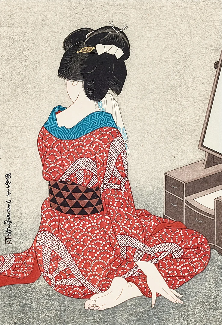 HAKUHÔ HIRANO (1879-1957). "Kagami no Mae / Before the mirror", tryckare Watanabe Shozaburo, April 1932, träsnitt, signerad i trycket Hakuho ga. — Engravings & Prints — Stockholms Auktionsverk Magasin 5