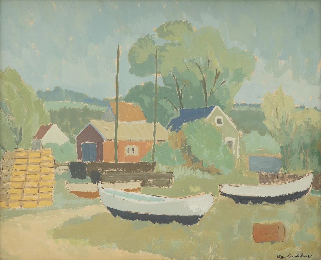 WILLY LINDBERG. Småbåtar, olja på pappannå, signerad. — Paintings — Garpenhus Auktioner