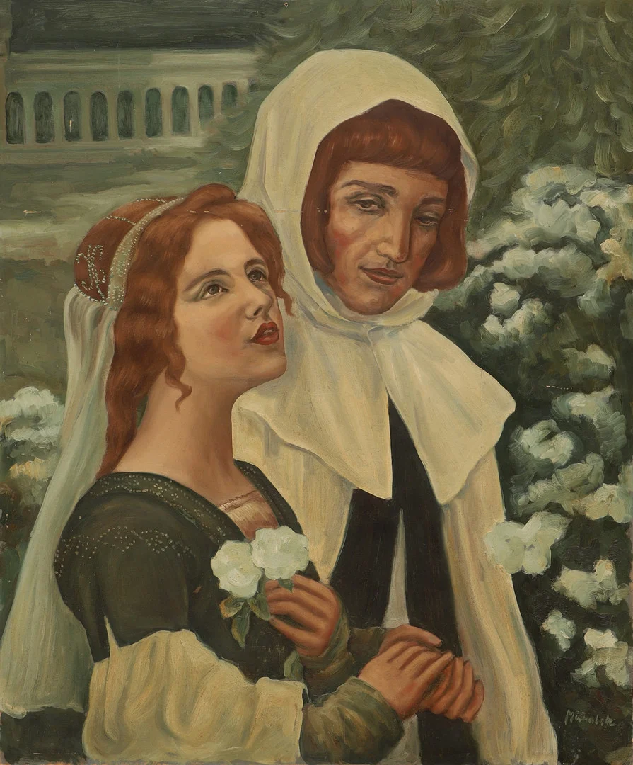 OIDENTIFIERAD KONSTNÄR. Olja på pannå, kopia efter "Dante och Beatrice" av Cesare Saccaggi, signerad. — Paintings — Ekenbergs Auktioner