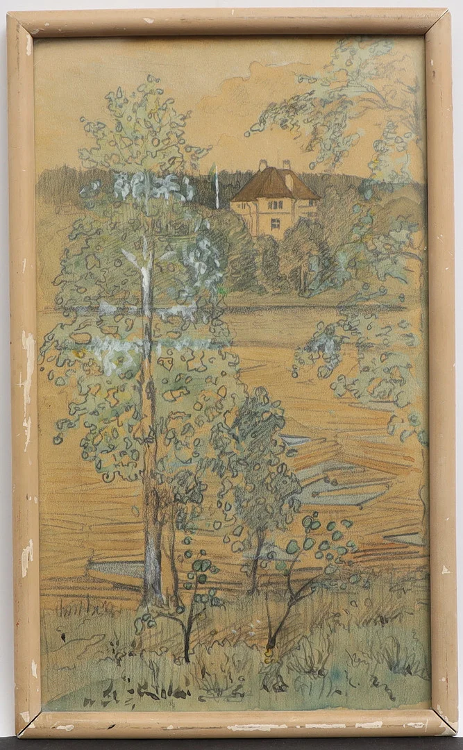 OIDENTIFIERAD KONSTNÄR. Landskap med hus, 1900-talets första hälft, akvarell, otydligt signerad. — Paintings — Falun Auktionsbyrå