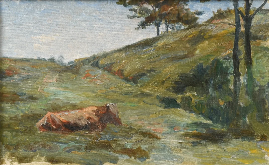 GOTFRED RODE. (1862-1937) Landskab med liggende ko, olie på plade. Danmark. — Paintings — Sørensen Auktioner