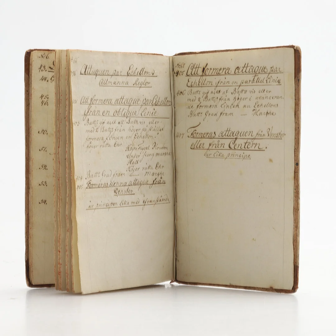 BOK, "Compagnie Exercien", egenhändigt skriven av Axel Gustaf Gyllenkrook, troligen skriven 1795 eller några år senare. — Books — Crafoord Auktioner Malmö