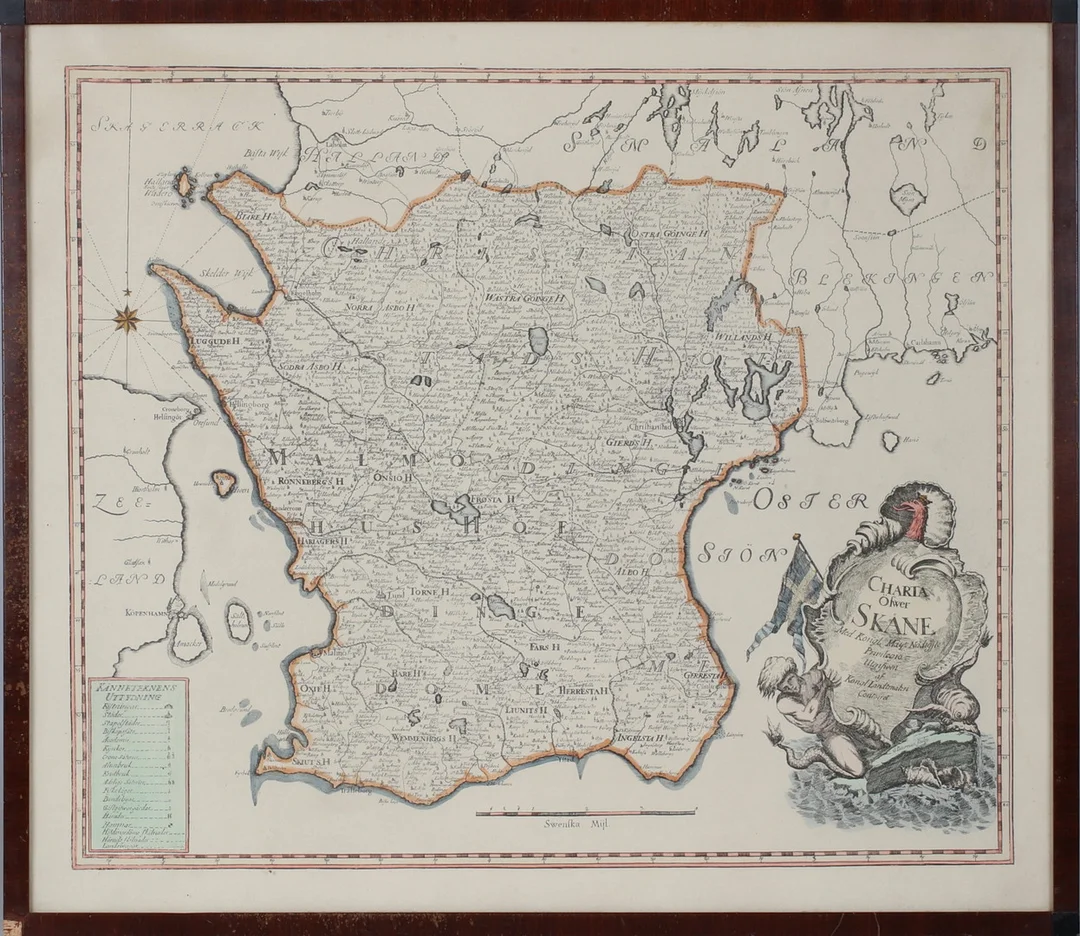 KARTA, Charta öfwer Skåne 1752, tryck 1900-tal. — Maps — Stadsauktion Sundsvall