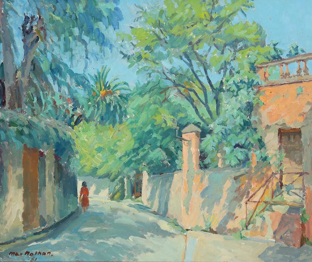 Max Nathan: Scenery from a Southern Street. Signed Max Nathan - 51. Oil on panel. 47×55 cm. — Modern Paintings/Modern art — Bruun Rasmussen