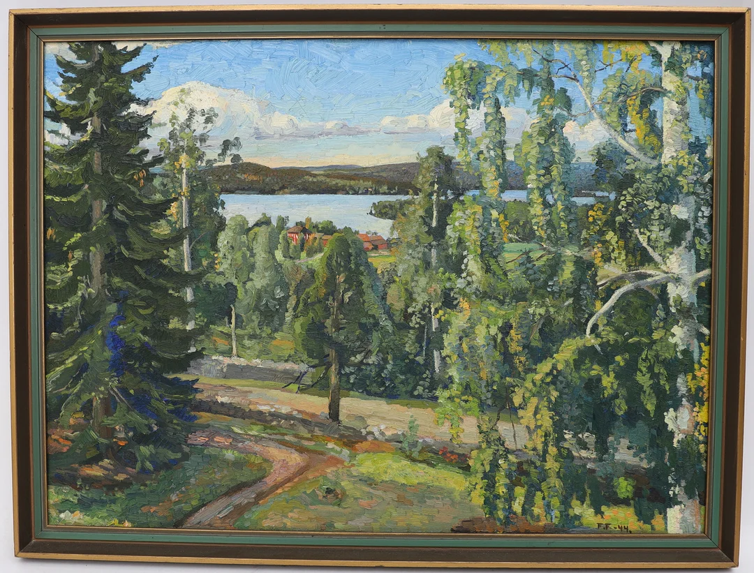 FOLKE FORSLUND. Sommarlandskap, oljemålning på duk, monogramsignerad och daterad 44. — Paintings — Falun Auktionsbyrå
