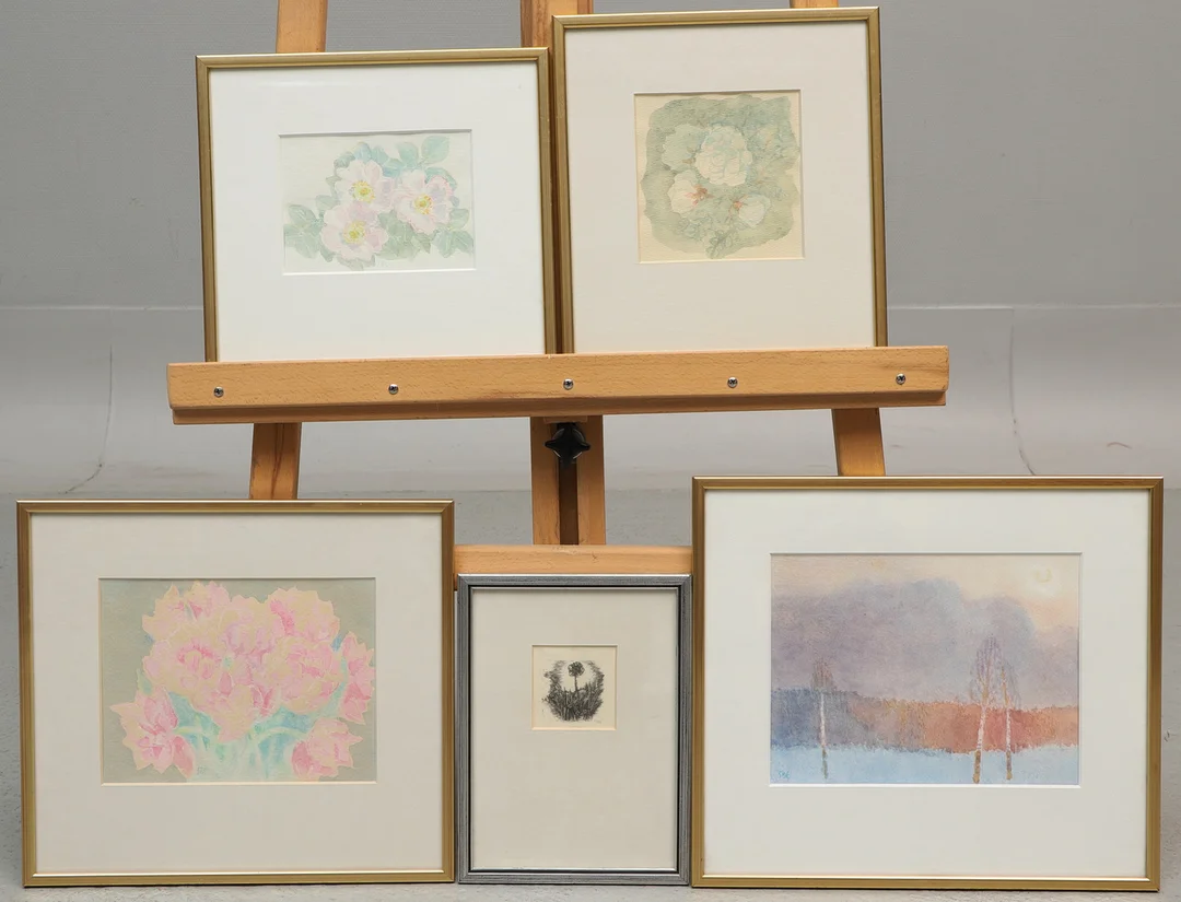 OIDENTIFIERAD KONSTNÄR. Parti konst, 5 st, akvareller och träsnitt, signerade SBE. — Paintings — Ekenbergs Auktioner
