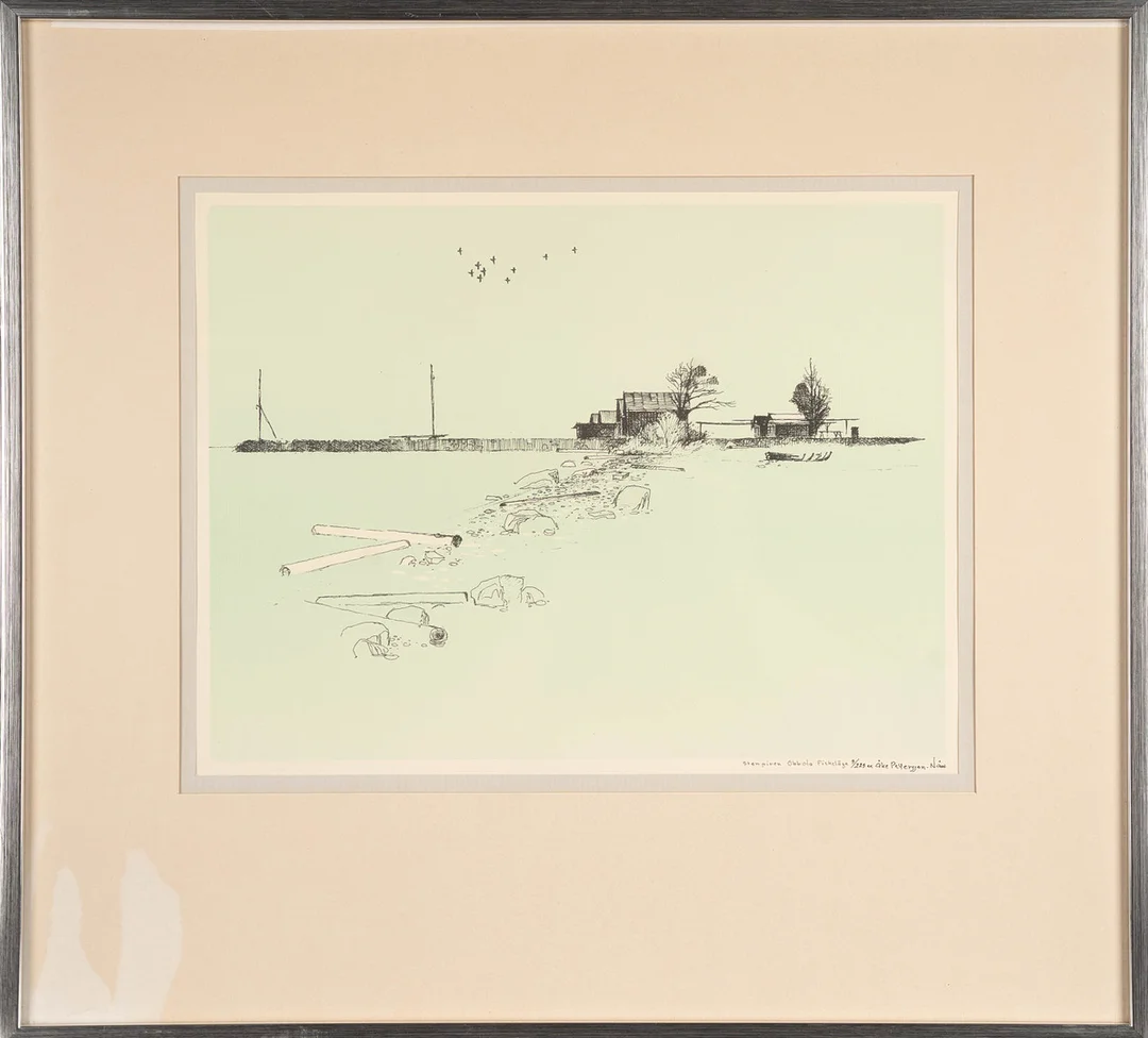 ÅKE PETERSSON NÅW. Färglitografi, "Stenpiren Obbola" signerad, numrerad 9/225. — Engravings & Prints — Norrlands Auktionsverk