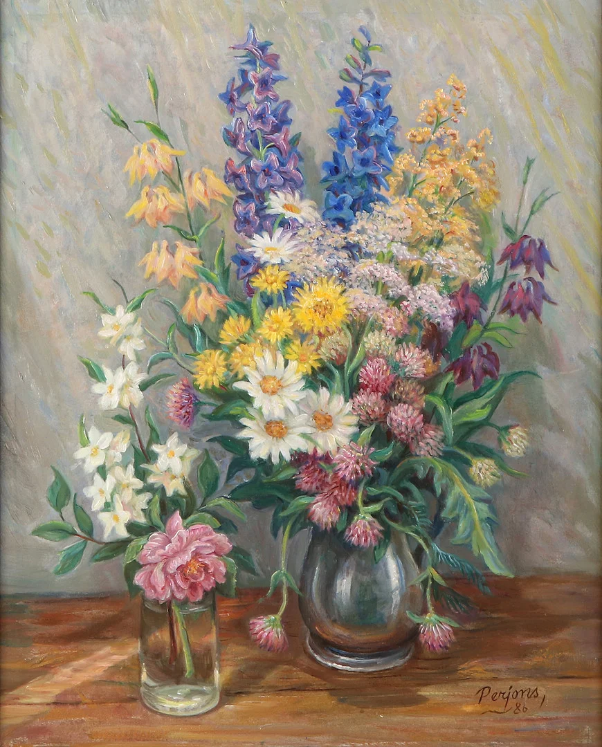 PERJONS. Oljemålning på pannå. Stilleben med blombuketter. Signerad och daterad 86. — Paintings — Skånes Auktionsverk