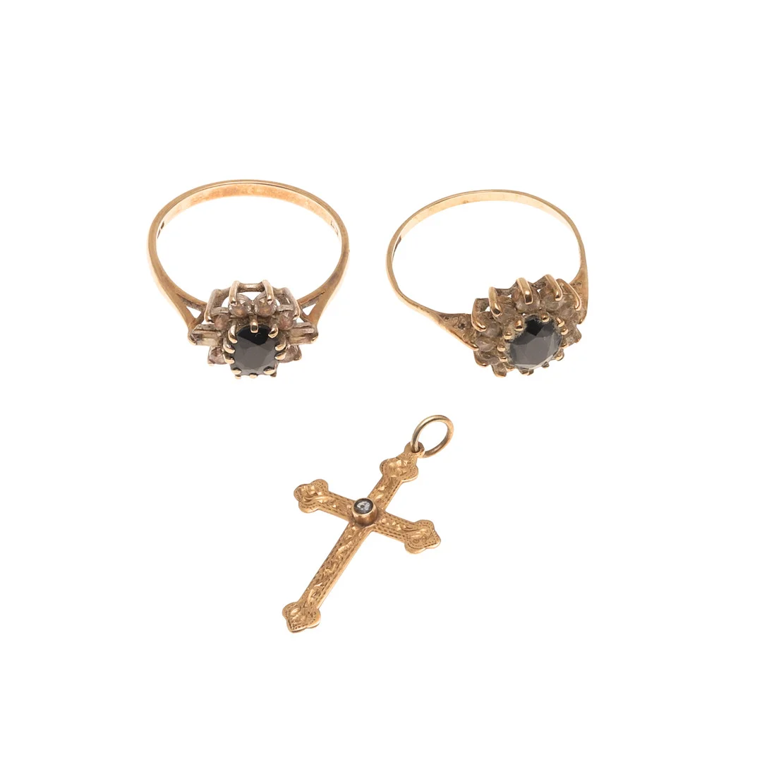 TWO 9CT GOLD RINGS AND A CRUCIFIX. — Rings — Lawrences Auctioneers