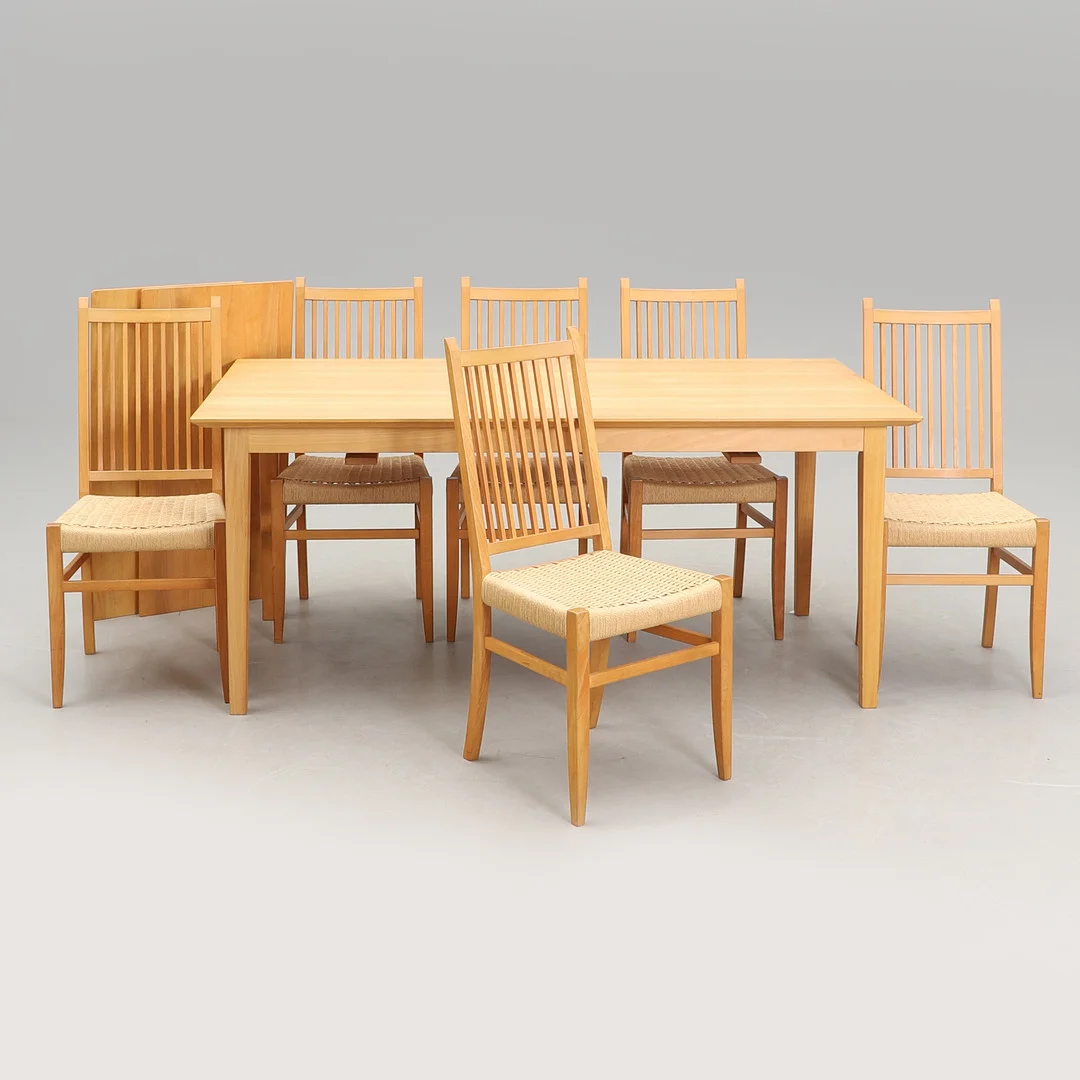 SØREN NISSEN & EBBE GEHL. Matgrupp, bord med 6 stolar, Naver Collection, Gramrode Möbelfabrik, Danmark, 2001. — Dining room furniture — Crafoord Auktioner Malmö